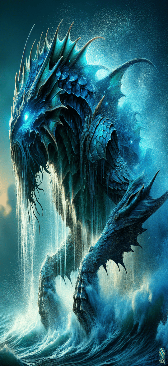 Blue Dragon Rising from Stormy Ocean