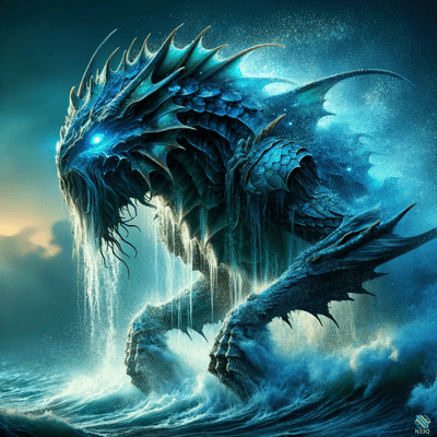 Blue Dragon Rising from Stormy Ocean