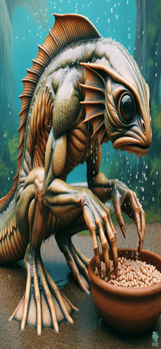 Aquatic Lizard Creature Reaching Into Bowl