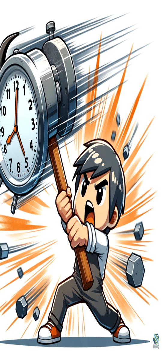 Boy Swinging Giant Clock Like Hammer