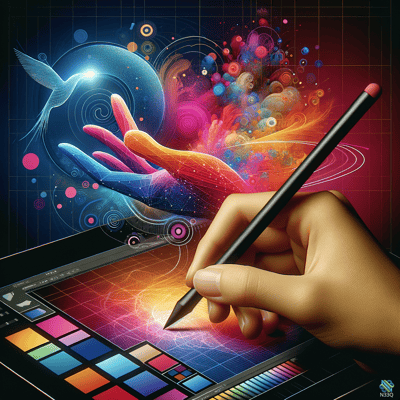 Hand Drawing on Tablet with Colorful Swirls