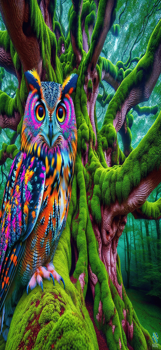 Colorful Owl on Mossy Forest Branch
