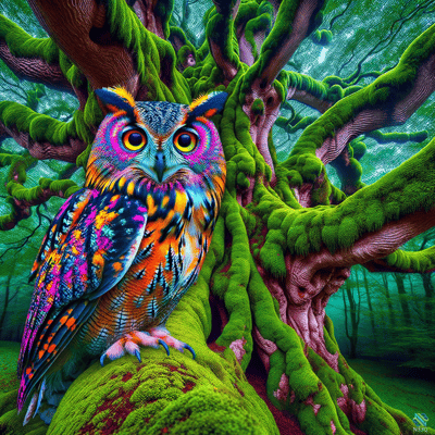 Colorful Owl on Mossy Forest Branch