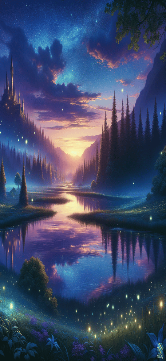 Enchanted Castle Reflected in Starry Lake at Dusk