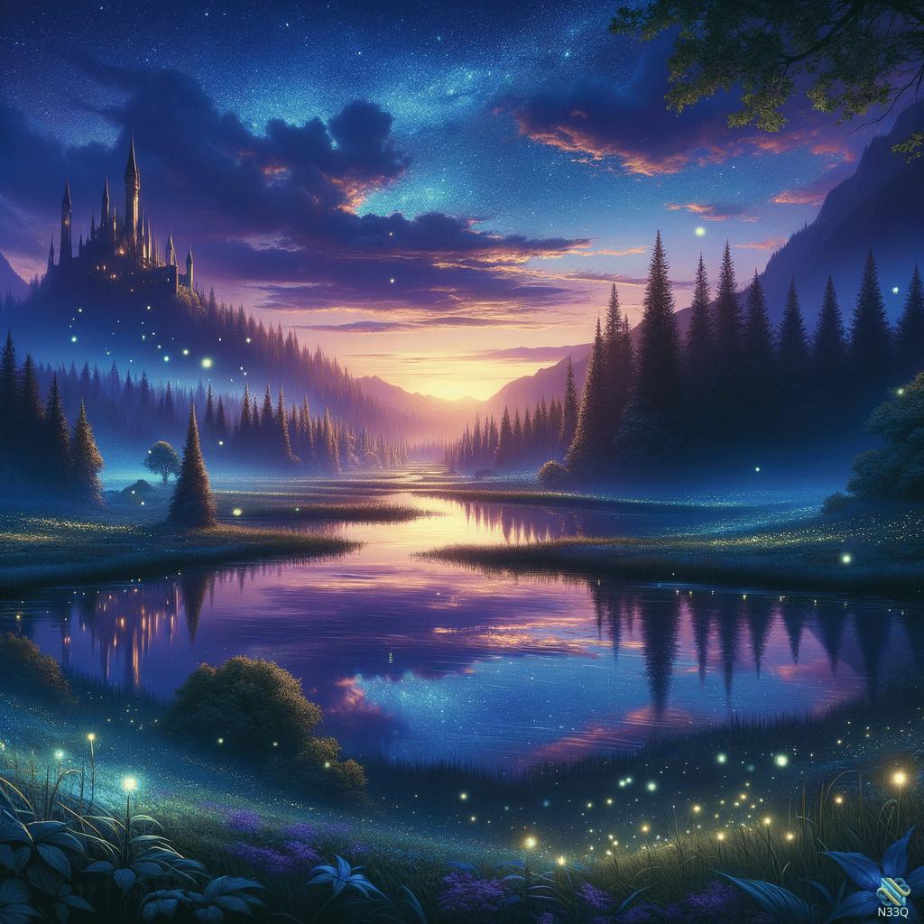 Enchanted Castle Reflected in Starry Lake at Dusk