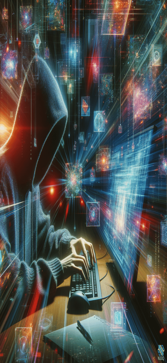 Hooded Hacker Typing at Neon Desk