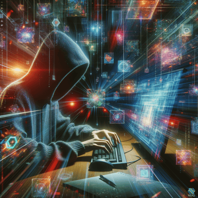 Hooded Hacker Typing at Neon Desk