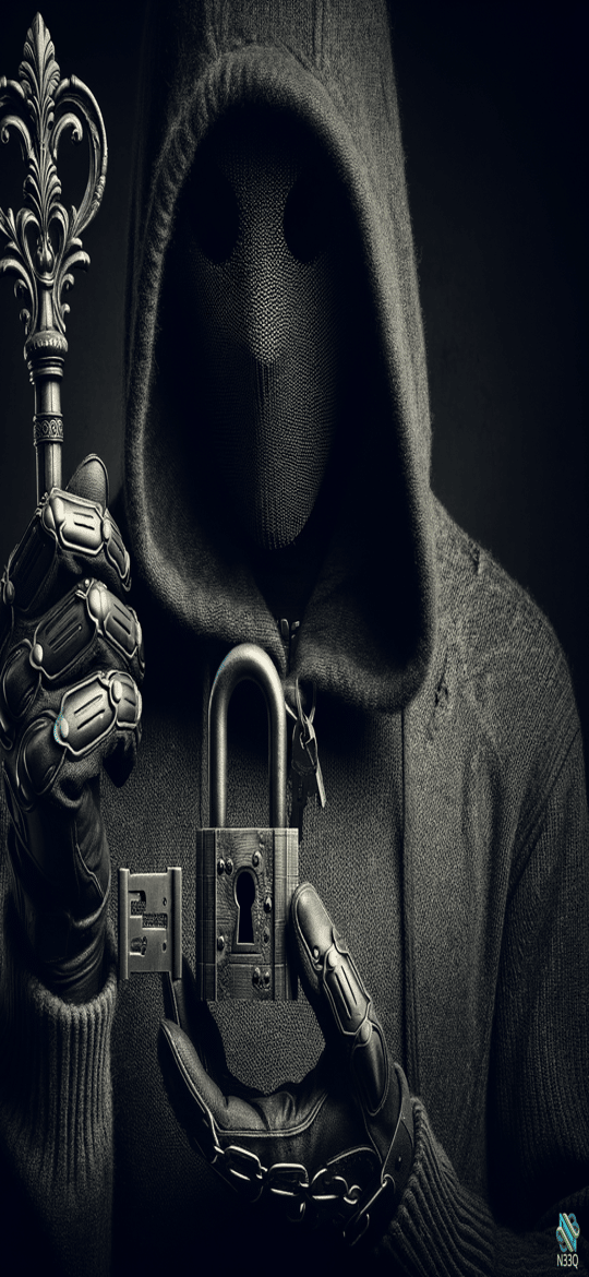 Hooded Figure Holding Key and Padlock