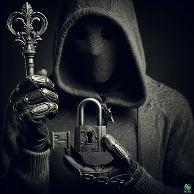 Hooded Figure Holding Key and Padlock
