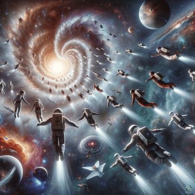 Astronauts Flying Toward Spiral Cosmic Vortex