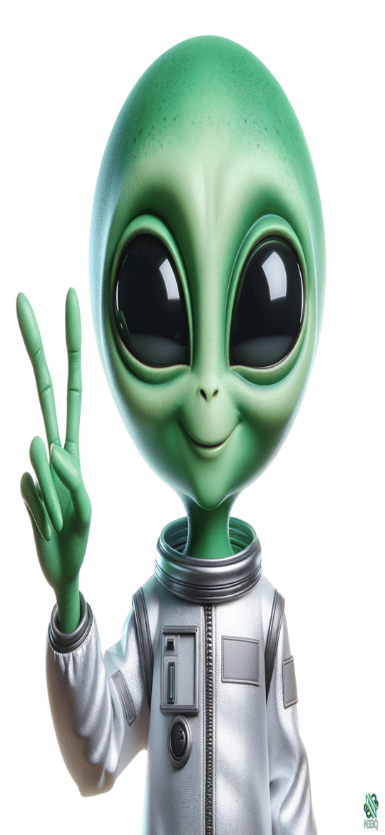 Green Alien in Spacesuit Making Peace Sign