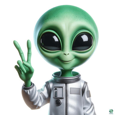 Green Alien in Spacesuit Making Peace Sign