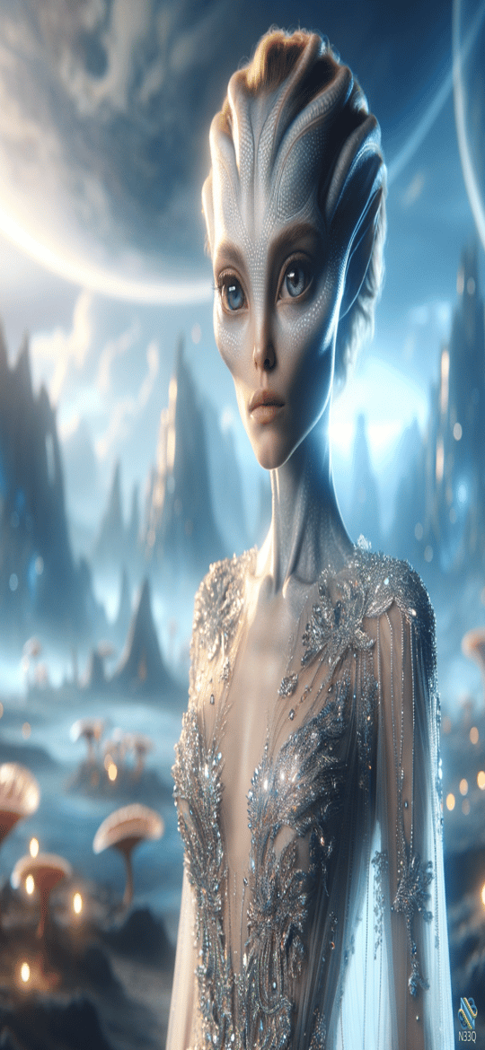 Blue Alien Woman in Silver Gown