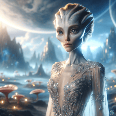 Blue Alien Woman in Silver Gown