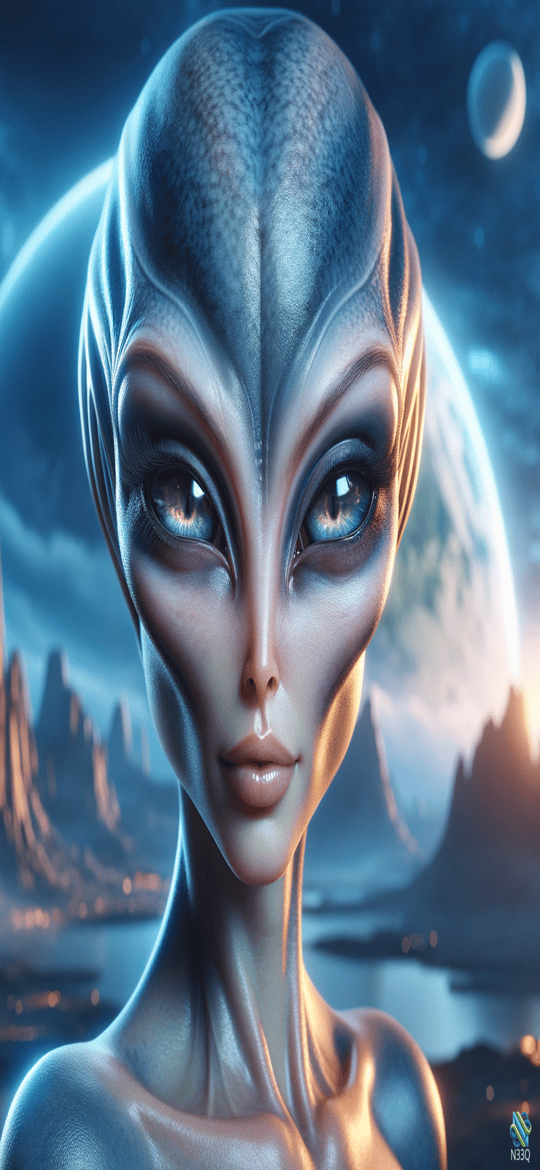Blue Alien Portrait with Moonlit Landscape