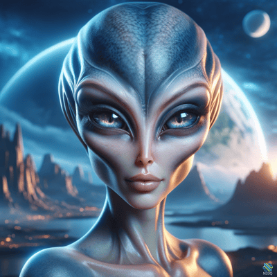 Blue Alien Portrait with Moonlit Landscape