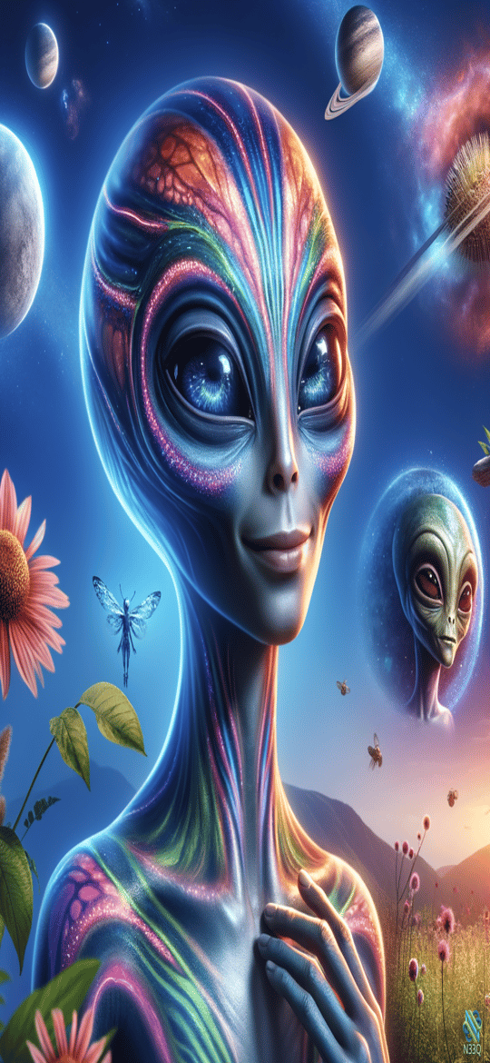 Colorful Alien Amid Planets and Flowers