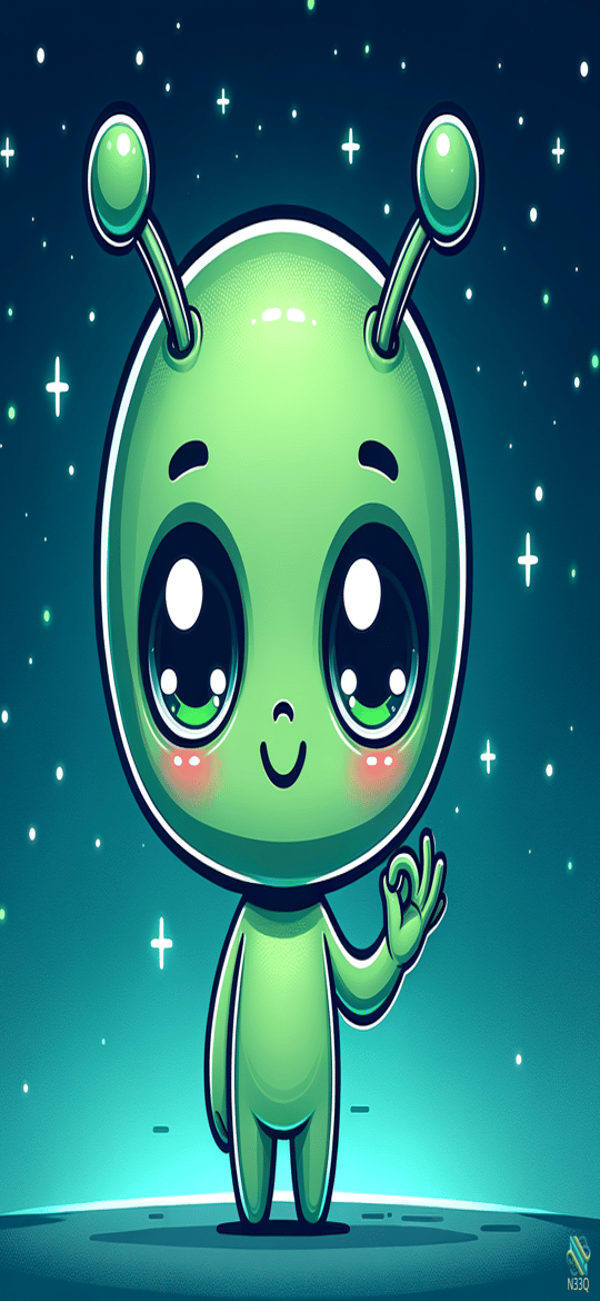 Cute Green Alien Waving in Space