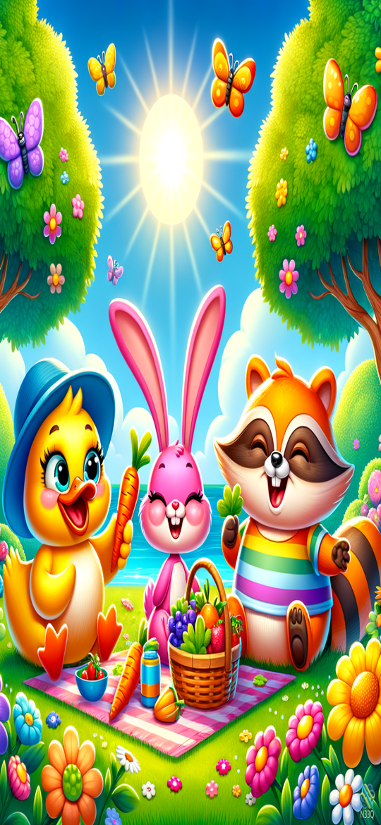 Duck Rabbit Raccoon Picnic in Meadow