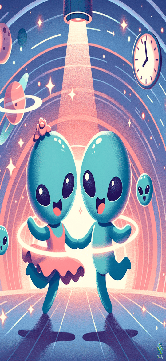 Two Teal Aliens Dancing in Space