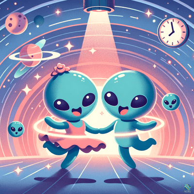 Two Teal Aliens Dancing in Space