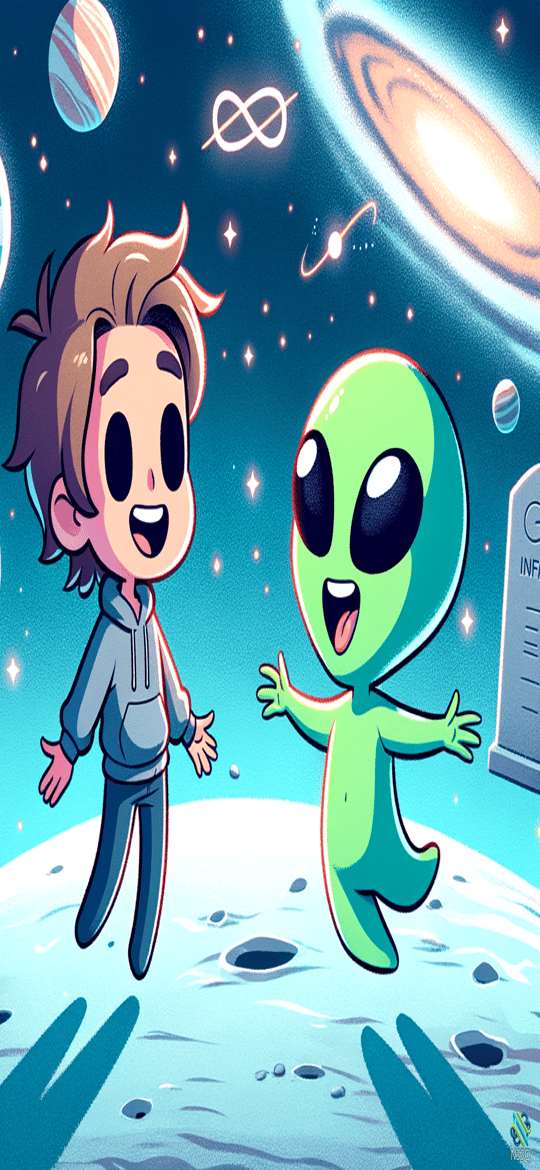 Boy Greeting Green Alien on Moon