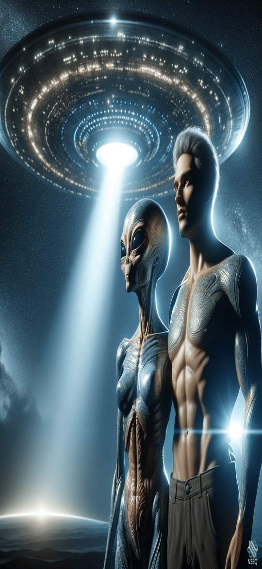 Alien Female and Muscular Male Under UFO