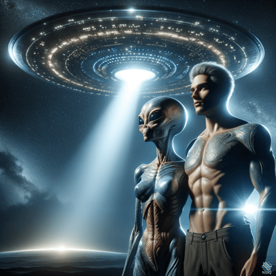 Alien Female and Muscular Male Under UFO