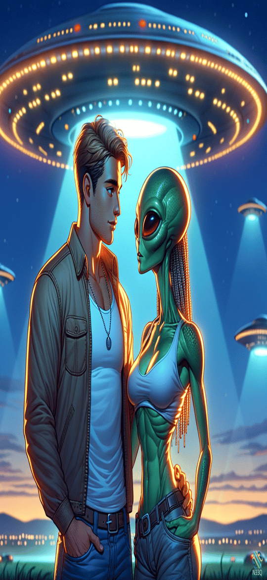Man and Green Alien Woman Under UFO