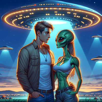 Man and Green Alien Woman Under UFO