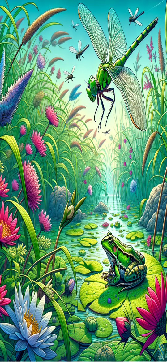 Green Dragonfly Over Frog on Lily Pad