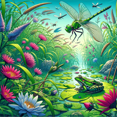 Green Dragonfly Over Frog on Lily Pad