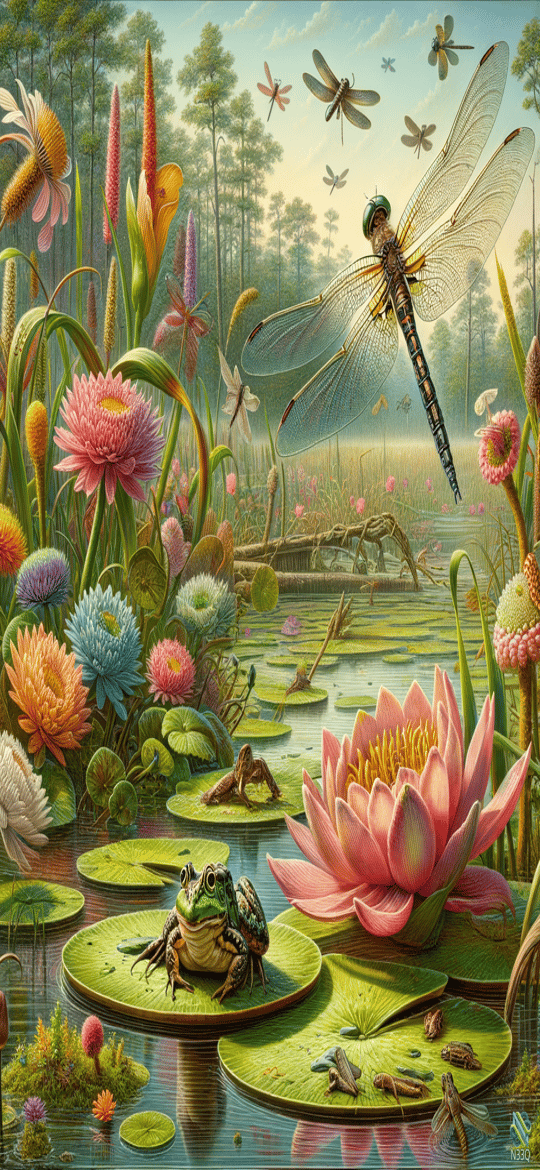 Frog on Lily Pad with Flying Dragonflies