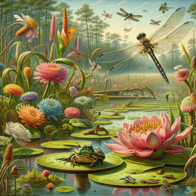Frog on Lily Pad with Flying Dragonflies