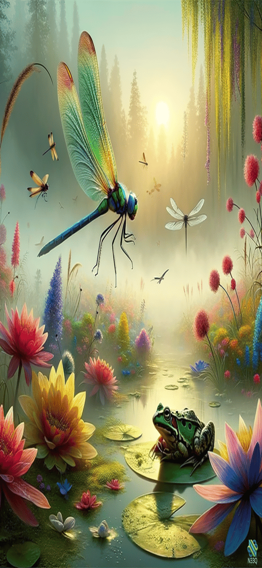 Dragonfly Hovering Over Frog in Flower Pond