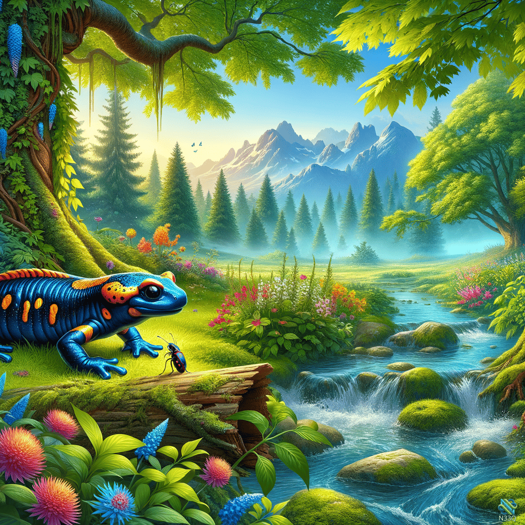Blue Salamander on Log with Beetle