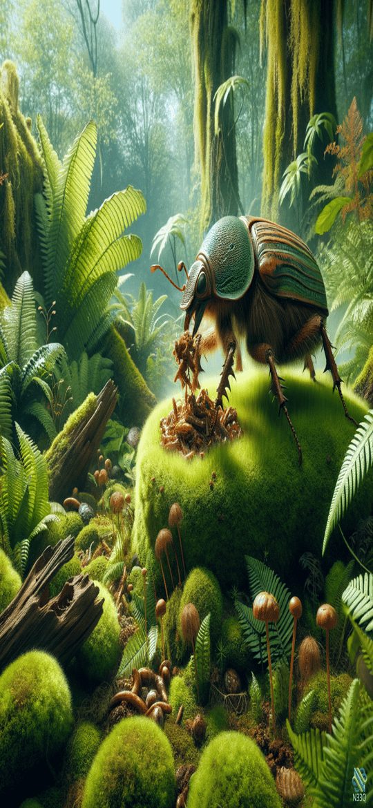 Green Beetle on Mossy Forest Mound