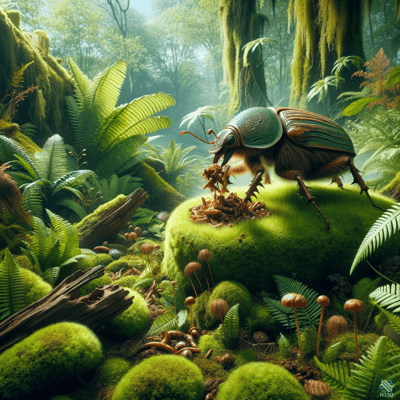 Green Beetle on Mossy Forest Mound