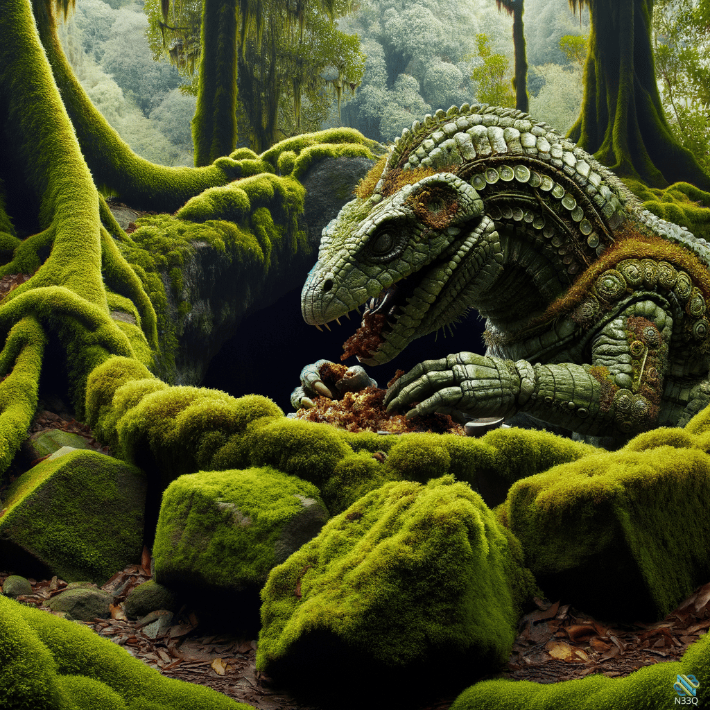 Cyborg Lizard Feeding in Mossy Forest