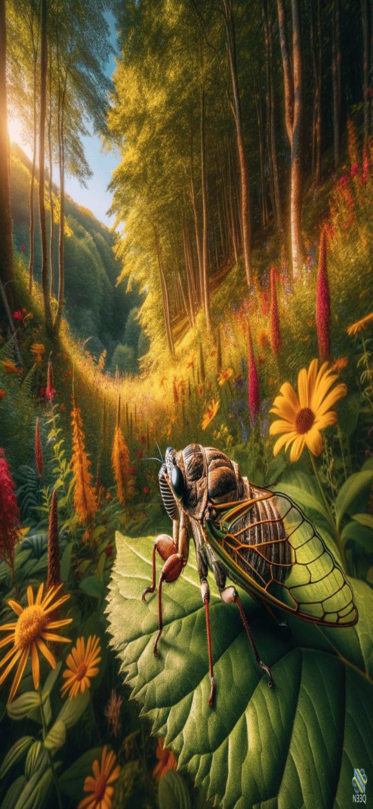 Cicada on Leaf in Sunlit Forest