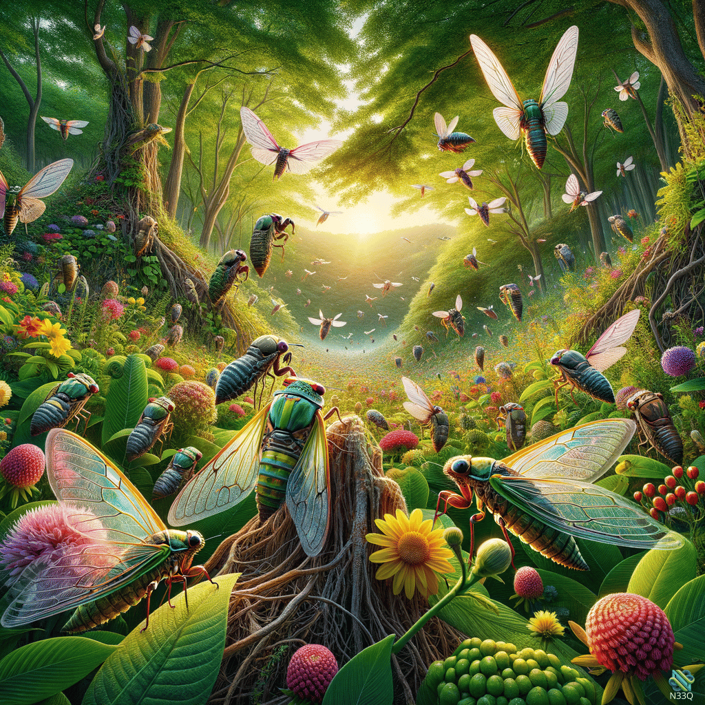 Cicadas Swarming in Sunlit Forest Meadow