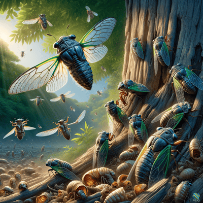 Cicadas Swarming on Sunlit Forest Tree