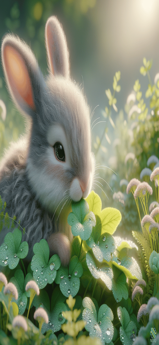Fluffy Gray Rabbit Among Dewy Clover