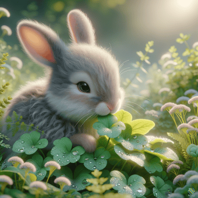 Fluffy Gray Rabbit Among Dewy Clover