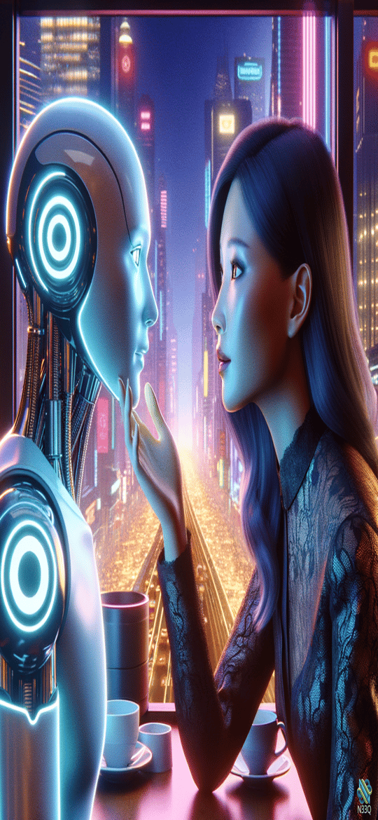 Robot and Woman in Neon City Cafe