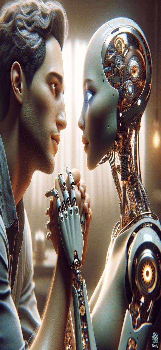 Man and Female Android Holding Hands