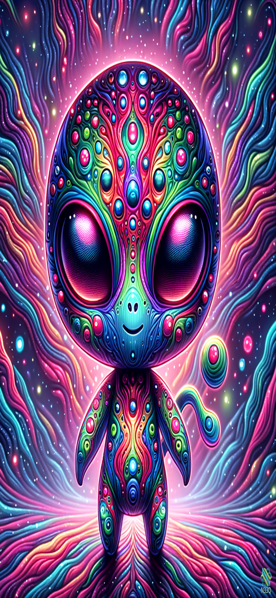 Psychedelic Neon Alien in Cosmic Swirls