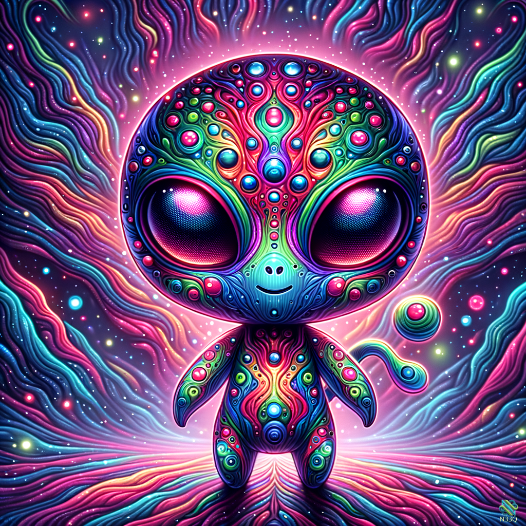 Psychedelic Neon Alien in Cosmic Swirls
