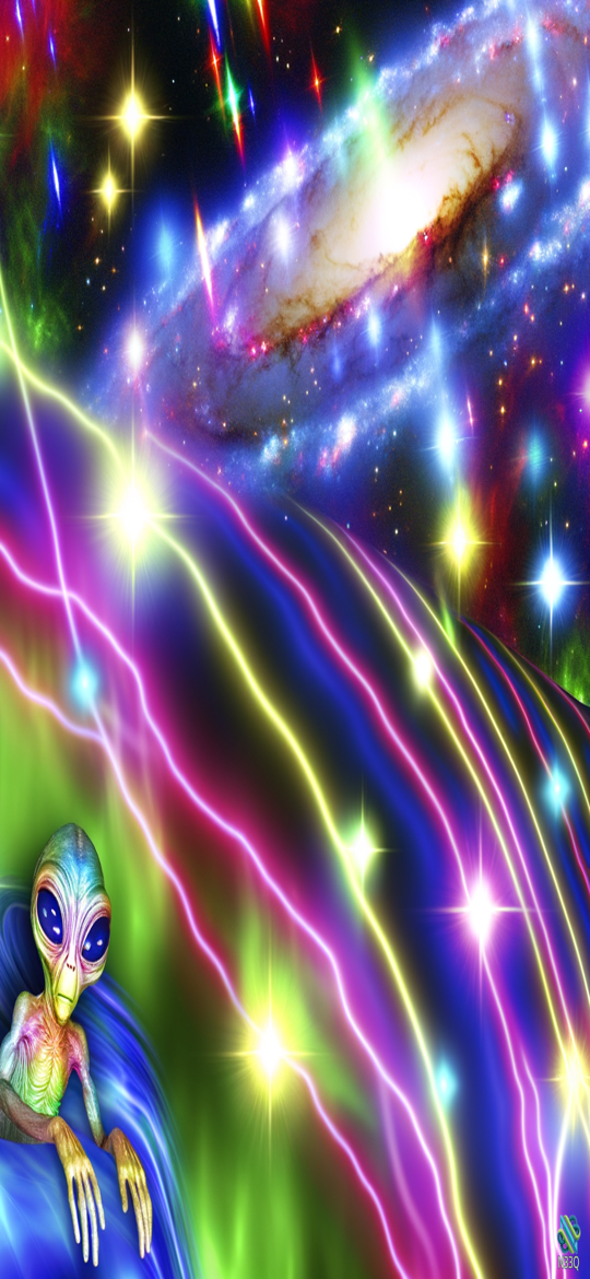 Alien Amid Neon Cosmic Light Streaks