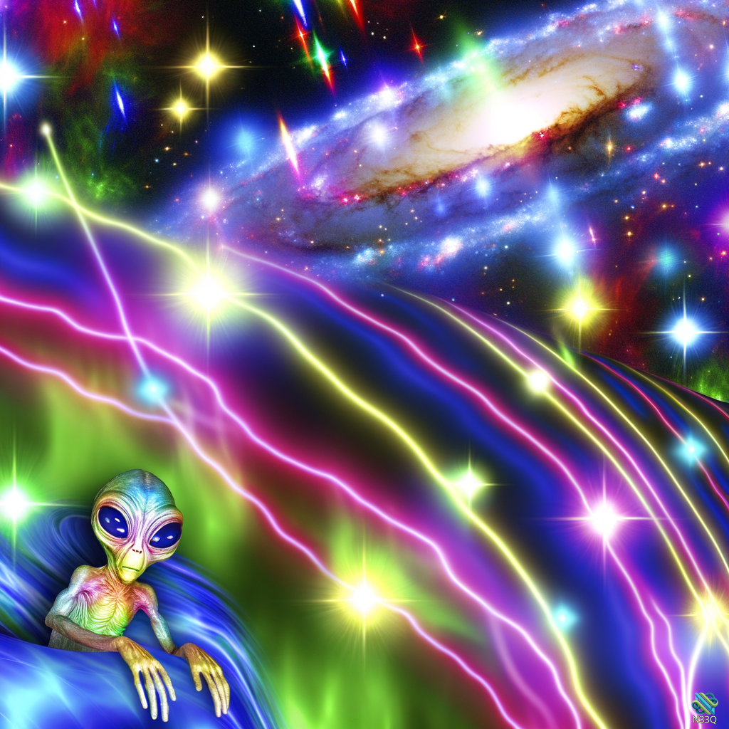 Alien Amid Neon Cosmic Light Streaks